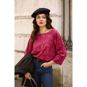 Upcycled Lafayette 148 New York Wine Red Tie Dye Cotton‎ Blend Top Women's Small